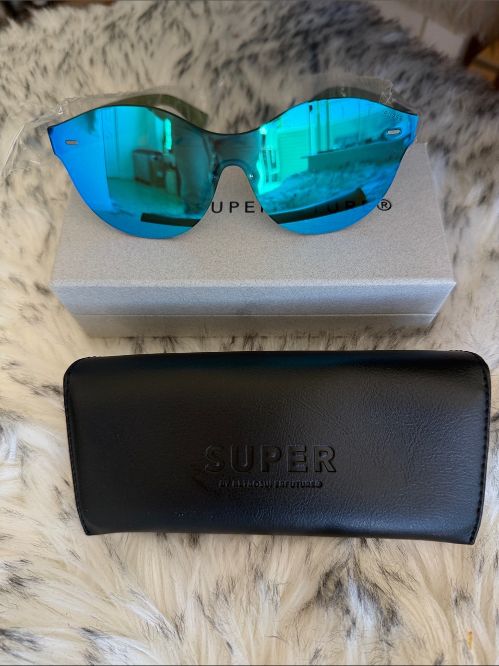 NIB RetroSuperFuture Tuttolente Mona Azure Mirrored Blue Rimless Sunglasses